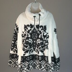 Sabrina Lauren New York Ivory White Black Snowflake Fleece Cowl Neck Sz 1X NEW